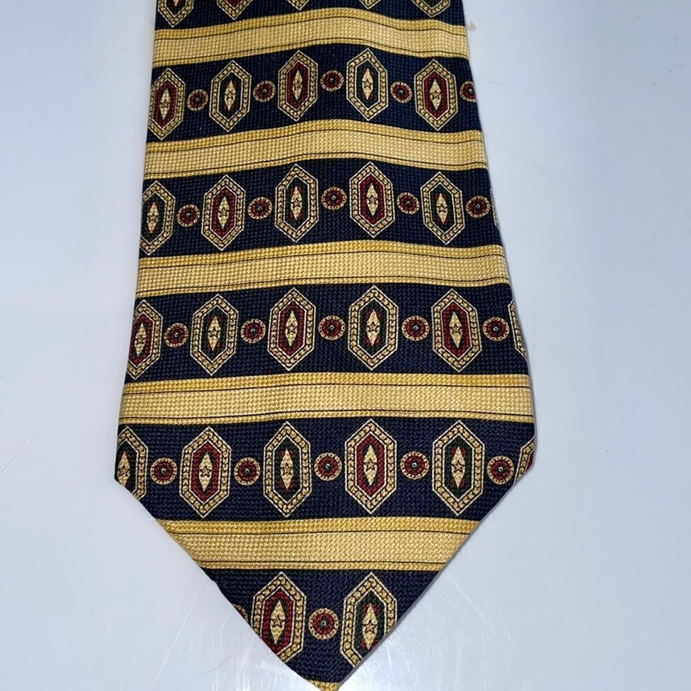 Vtg 90s Tommy Hilfiger yellow‎ & navy blue paisley striped silk tie